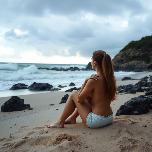Secluded beach on a cloudy day, waves crashing against the rocks, a woman sits on the sand, her knees pulled up to her chest as she watches the storm clouds gather on the horizon.