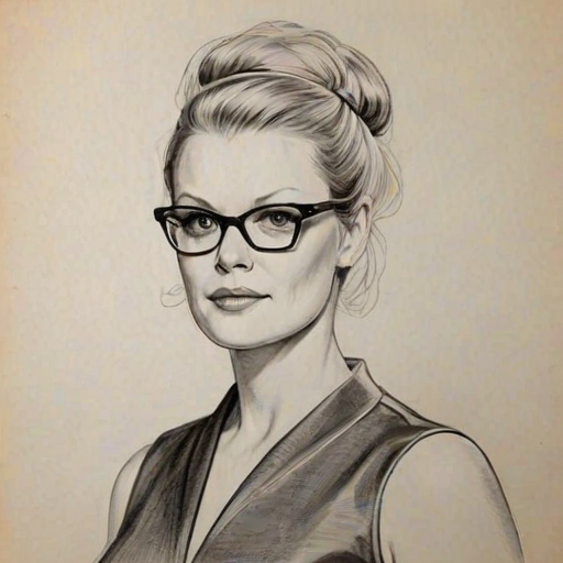 Graceful Martha Plimpton, pencil sketch, portrait of Elegant woman 1960s in glasses, hair style beatnik, outline, clear lines, fine lines, 8k