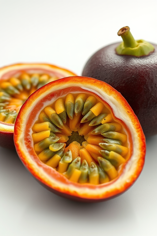 realistic depiction of a passion fruit sliced in half with detailed seeds and a whole passion fruit beside it, macro lens, f/2.8 aperture, 50mm lens, soft natural lighting