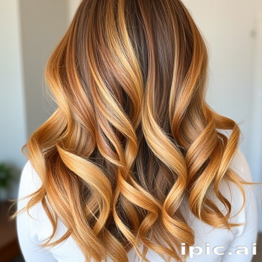 Serene image captures Honey Amber long hair, warm golden blonde base with caramel and light brown highlights, styled in loose barrel curls cascading down the back