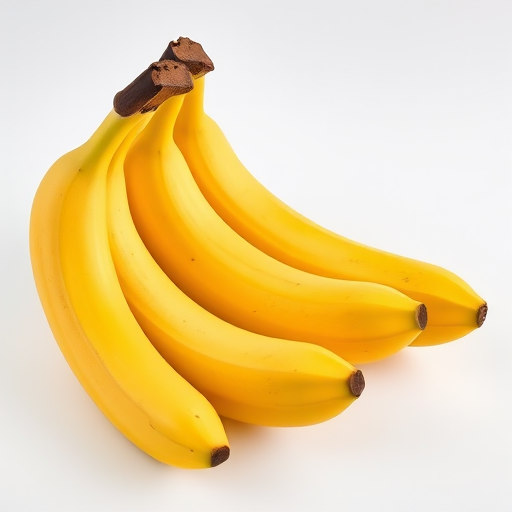 photograph of three ripe bananas on a plain white background, taken with a DSLR camera, 50mm lens, f/2.8 aperture, ISO 100, natural lighting, macro view for enhanced detail
