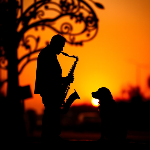 Create an image of a silhouetted saxophonist playing under a streetlamp with a dog sitting beside him against a warm orange sunset background, captured with a DSLR camera, aperture f/2.8, shutter speed 1/250s, ISO 100, wide-angle lens at 24mm.