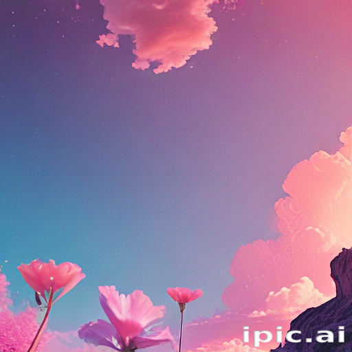 Serene Landscape with Vibrant Flowers Under a Dreamy Pink and Blue Sky