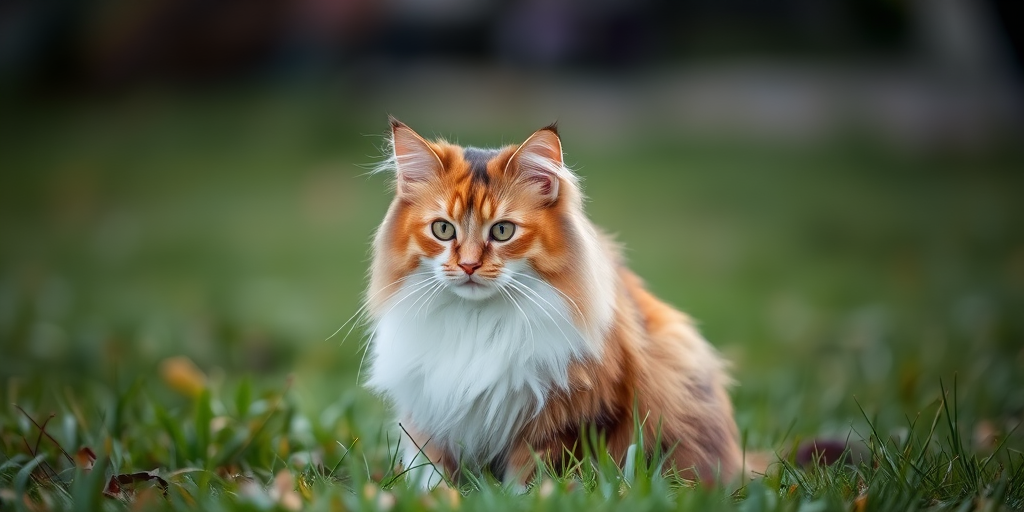 A fluffy calico cat sitting in a grassy area with a blurred background and soft lighting.