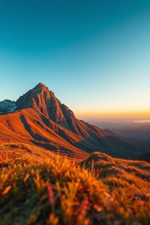 Generate a high-resolution image of a serene mountain landscape at sunrise, using a DSLR camera with a 24mm lens, aperture f/8, ISO 100, and a shutter speed of 1/125 sec, taken from a low angle to emphasize the foreground, using vibrant colors and HDR technique for enhanced detail.