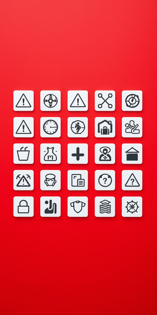 Create an image featuring a grid of safety icons on a red background, using a high-resolution camera with a 50mm lens, f/8 aperture, ISO 200, shot from a flat lay perspective, and apply a clean, modern graphic style for enhanced clarity and detail.