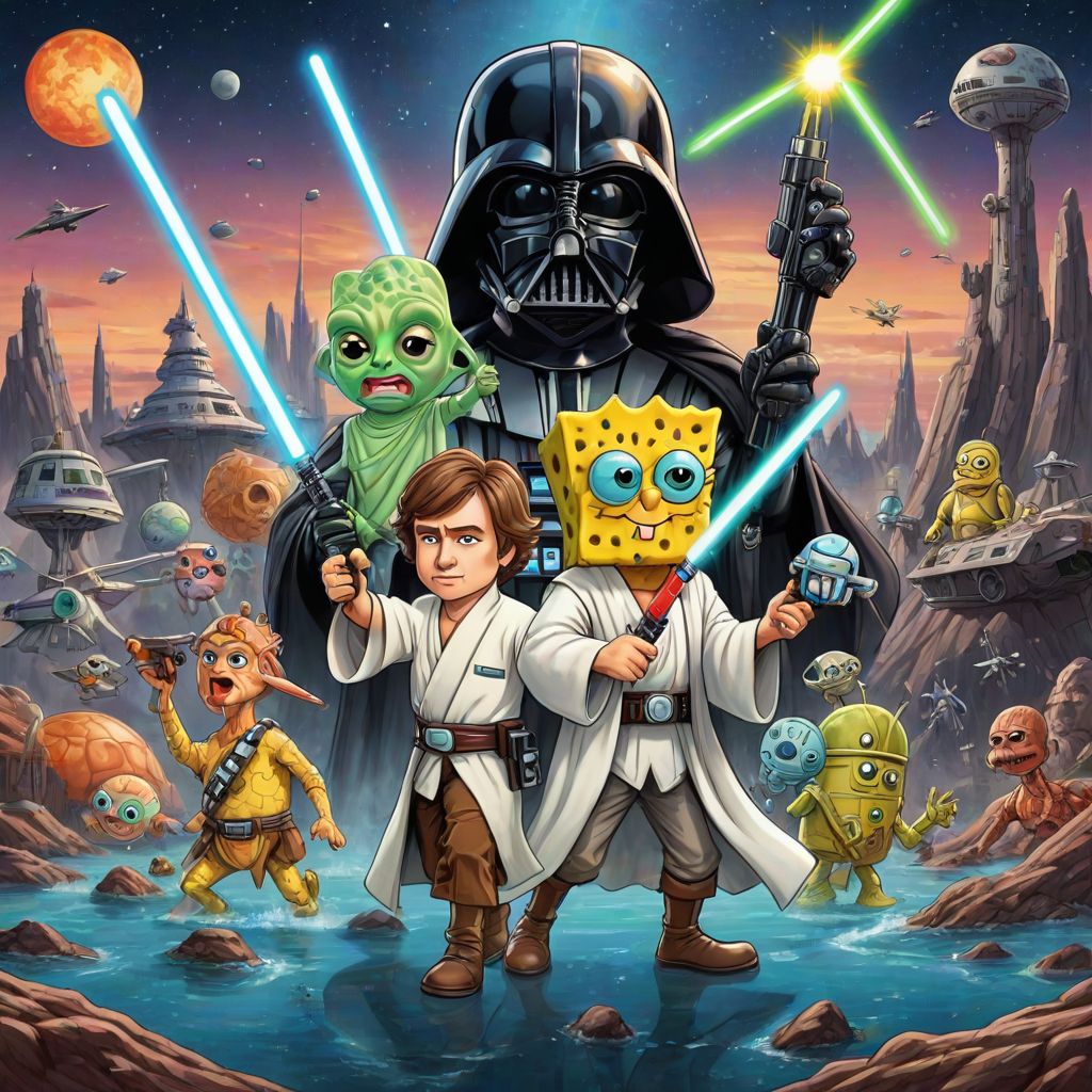 Create a parody of the Star Wars poster with SpongeBob as Luke Skywalker, holding a glowing spatula like a lightsaber. Patrick Star takes the role of Han Solo, holding a blaster, while Squidward is Obi-Wan Kenobi, draped in robes. In the background, Plankton appears as Darth Vader, with Bikini Bottom’s landmarks reimagined as spaceships and planets. The iconic Star Wars logo is swapped for "Sponge Wars," creating a playful, sci-fi adventure scene.