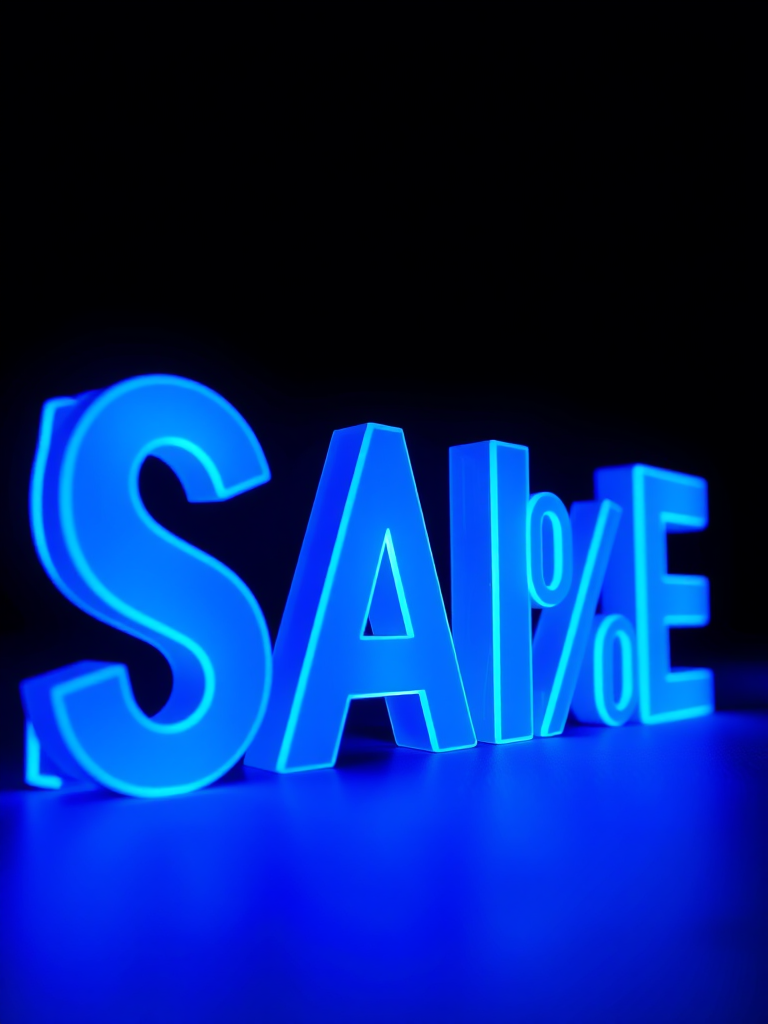 Create a glowing blue 3D text composition with the word SALE and percentage symbol, set against a black background with soft shadowed cubes around, captured with a DSLR camera at f/2.8, ISO 100, 1/60s shutter speed, in a low angle wide shot using a macro lens for enhanced depth of field and detail.