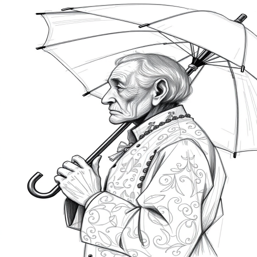 Generate a high-resolution sketch of an elderly figure holding an umbrella, dressed in vintage clothing with intricate patterns, captured in a side view with soft lighting, using a DSLR camera with a 50mm lens, aperture set at f/1.8, ISO 200, and a shallow depth of field for enhanced image quality.