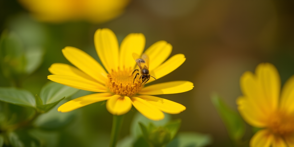 a close-up shot of a bright yellow flower with delicate petals surrounded by green leaves and a small bee hovering nearby in a soft-focus background