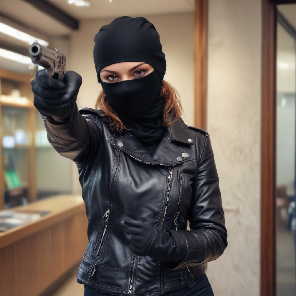 female robber, black leather jacket, black leather gloves, black ...