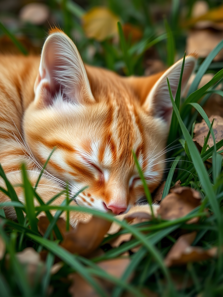 A close-up of a sleeping orange tabby cat nestled among green grass and fallen leaves, captured with a Canon EOS R5 at f/2.8, ISO 200, shutter speed 1/250s, natural light, shallow depth of field for soft background blur.