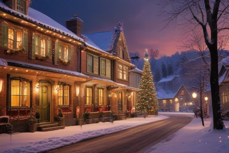 Charming Winter Evening Scene with Festively Decorated Houses and ...