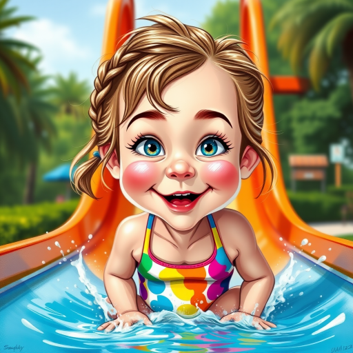 A sassy caricature toddler girl with medium highlighted hair in a messy braid, light eyes, fluffy long lashes, silly funny faces, wearing a colorful swimsuit, going down a waterslide face first, lots of water, created in highlighted chalk style, vibrant colors, background is a park with acrylic paint, airbrush