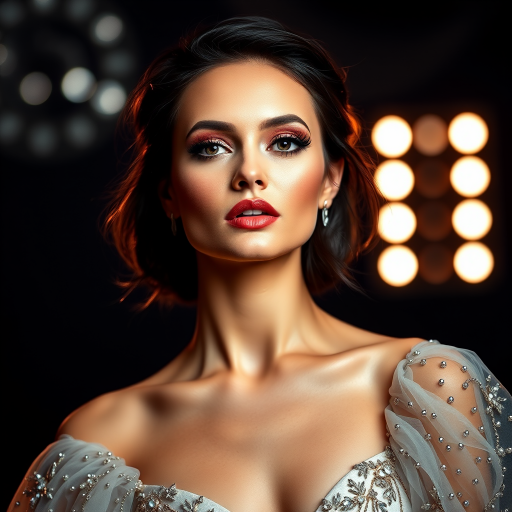 Studio portrait, female model, elegant couture dress, bold makeup, dramatic lighting, Utilize a 50mm portrait lens for crisp details and a soft background blur, 8k