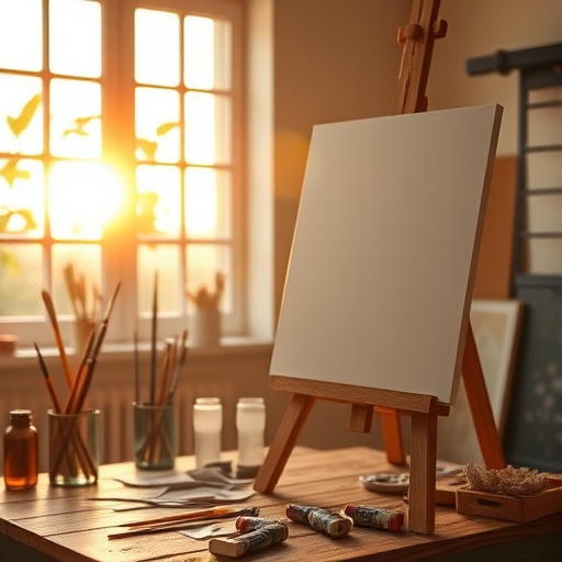 Warmly lit photo of an artist’s studio, with soft golden light streaming through a window, illuminating paintbrushes, an easel with an unfinished canvas, and tubes of paint scattered on a wooden table.
