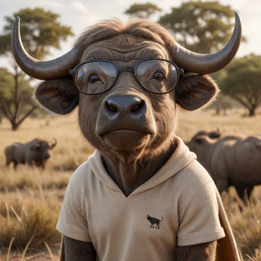 Hyperrealistic 3D render of a smiling cartoon Cape Buffalo wearing glasses and a beige t-shirt with a smaller buffalo image printed on it, missing some teeth, set against a blurred African savanna background, detailed fur, 8k resolution, octane render, artstation trending.