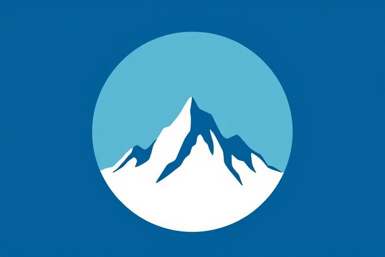 Create a high-resolution graphic of a stylized, minimalistic mountain peak represented in a circular design, featuring a two-tone blue background with white accents, using a DSLR camera with a 50mm lens, f/8 aperture, ISO 100, and 1/200s shutter speed to achieve sharp details and vibrant colors.