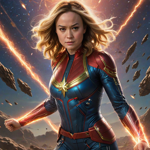 Powerful image of Brie Larson, Captain Marvel's cosmic hero, with her determined expression and glowing fists, soaring through a star-filled galaxy, leaving a trail of energy in her wake as she battles alien spaceships