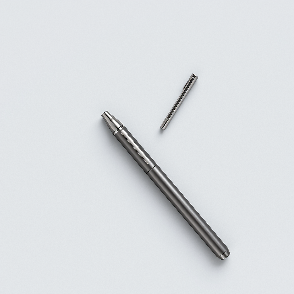 Create a high-resolution image of a gray pen with a sleek design, captured with a Canon EOS R5 camera at f/2.8 aperture, ISO 100, 1/125 sec shutter speed, shot from a top-down view with soft diffused lighting to enhance details.