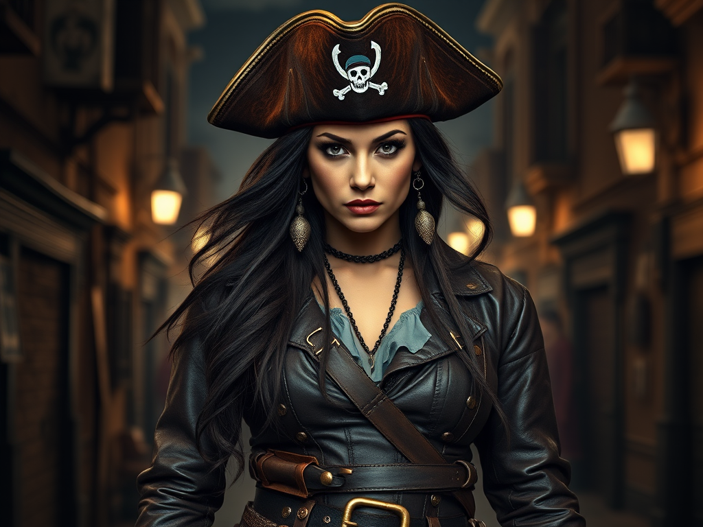 Create a portrait of a fierce female pirate. She wears a leather tricorn hat adorned with a skull and crossbones emblem, and her long, dark hair flows around her face. Her outfit consists of a richly detailed leather jacket, a corset, and multiple layers of belts and accessories, giving her a formidable and stylish appearance. She stands confidently in a dimly lit, historic port town, with a backdrop of weathered buildings and cobblestone streets, capturing the adventurous spirit of a pirate.
