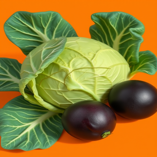 Create a vibrant illustration of a green cabbage and a round, dark fruit on a bright orange background, using a DSLR camera with a 50mm lens, aperture f/2.8, ISO 100, and soft, diffused lighting to enhance colors and textures.