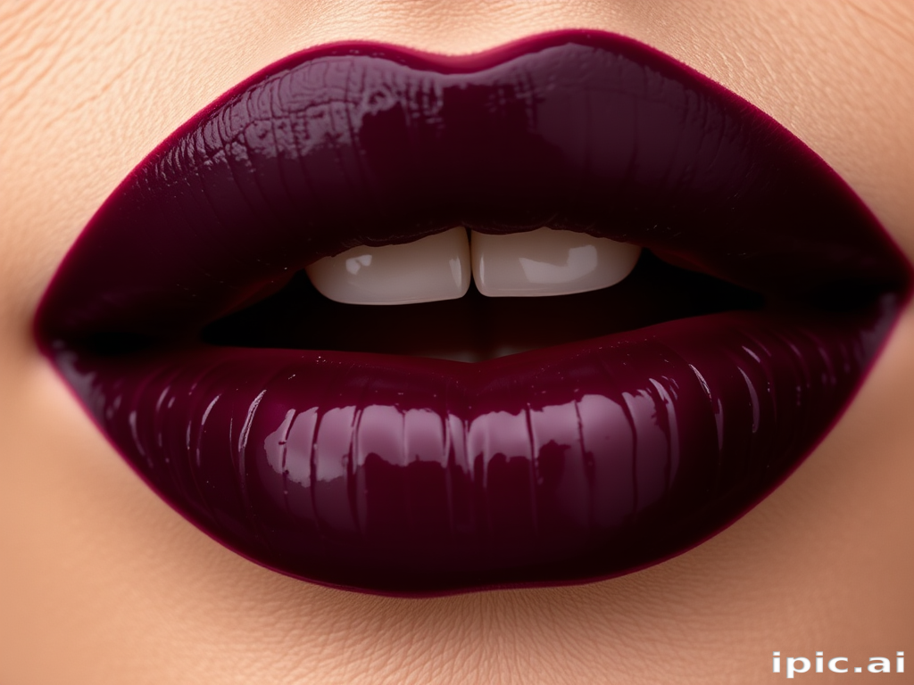 Deep plum lips with a glossy, wet-look finish, radiating intensity and drama for a bold, vampy aesthetic