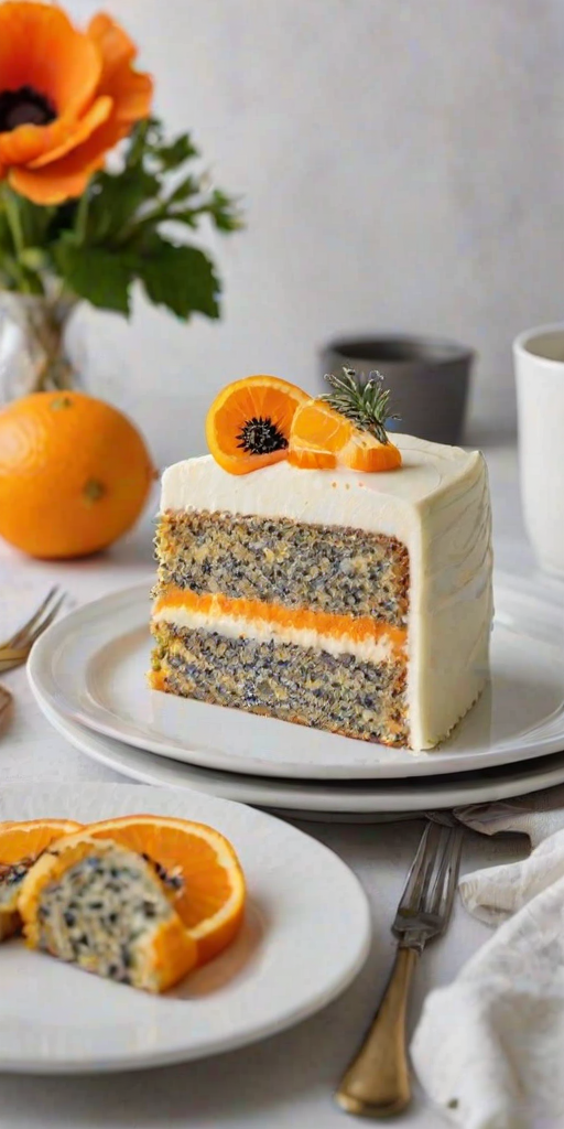 Create an image of a beautifully plated slice of cake with multiple layers. The cake should have a light and airy texture, featuring a poppy seed filling and orange segments between the layers. The exterior should be smooth and covered in a glossy white icing. Place the slice on a simple white plate, and include a fork beside it. Add a slice of fresh orange and a floral patterned cup in the background for an elegant touch.