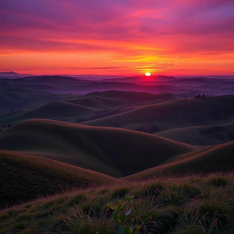Create a high-resolution digital artwork of a serene landscape featuring rolling hills and a vibrant sunset, shot with a Canon EOS R5 at f/8, 24mm lens, ISO 100, soft focus for dreamy aesthetics.
