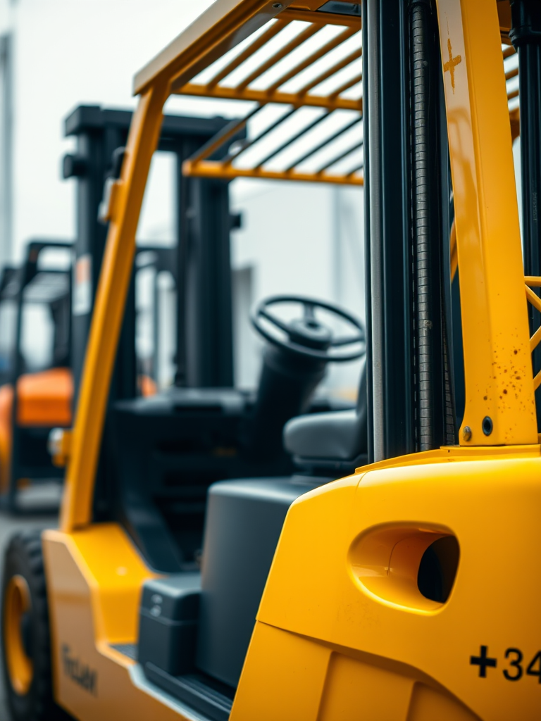 Close-up of a yellow forklift with a modern design, sharply focused, 50mm lens, f/2.8 aperture, ISO 100, natural lighting, 45-degree angle view, high-resolution digital camera.