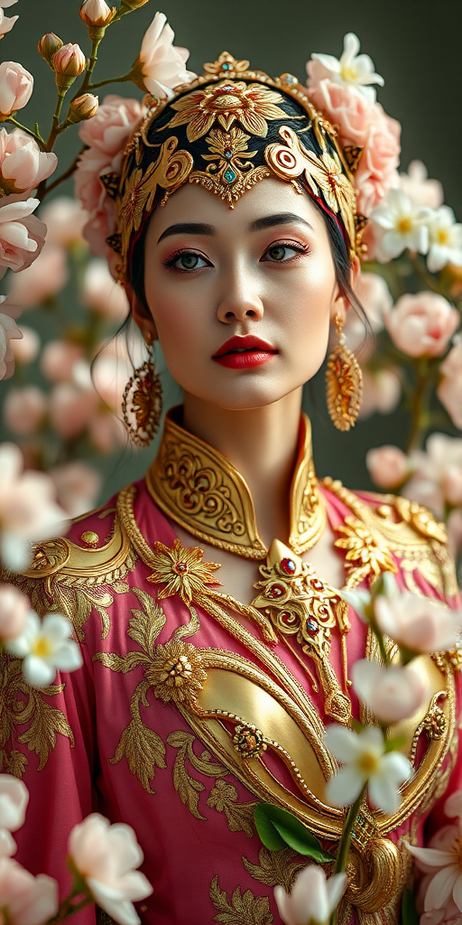 Generate a high-resolution portrait of a woman in an ornate futuristic outfit with intricate gold detailing, surrounded by blooming flowers, captured with a Canon EOS R5, 85mm f/1.2 lens, aperture set to f/1.2 for a shallow depth of field, soft natural lighting for a dreamy effect, in a studio environment.