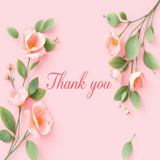 Create an illustration featuring a floral design with soft pink flowers and green leaves on a pastel pink background, centered text saying "Thank you" in an elegant script, high-resolution digital art style, shot with a Canon EOS R6, 50mm lens, f/1.8 aperture, and soft natural lighting.