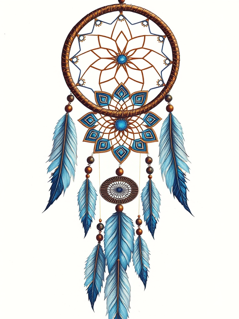 Create a detailed illustration of a dreamcatcher with intricate blue patterns and feathers, using a Canon EOS R5 with a 50mm f/1.2 lens, aperture set to f/4, ISO 100, and a soft focus effect to enhance the quality and depth of the image.