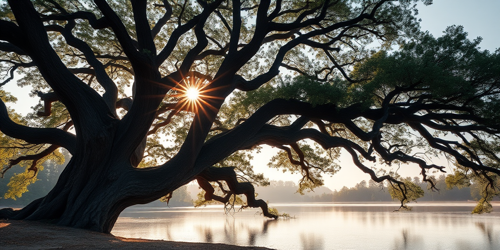 Regenerate an enchanting scene of a large, ancient tree with sprawling branches overhanging a serene lake at dawn, capturing the sun's rays filtering through the leaves, using a DSLR camera with a 35mm lens, f/8 aperture, ISO 100, and a soft-focus background.