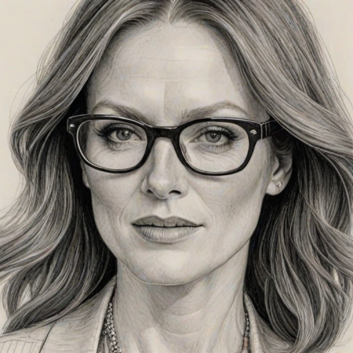 Beauteous Julianne Moore, pencil sketch, portrait of Gorgeous woman 1927s in glasses, hair style beatnik, outline, clear lines, fine lines, 8k