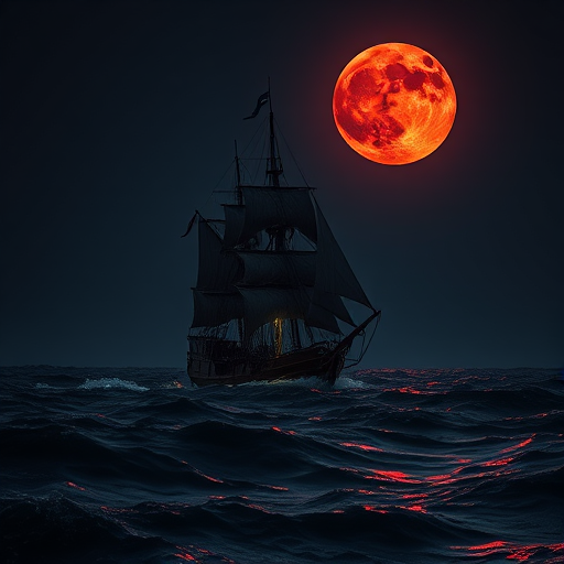 Create an image of a pirate ship sailing through dark waters under a blood-red moon, with dramatic shadows and highlights, using a DSLR camera, 50mm lens, f/1.8 aperture, ISO 200, and a long exposure to capture motion in the waves.