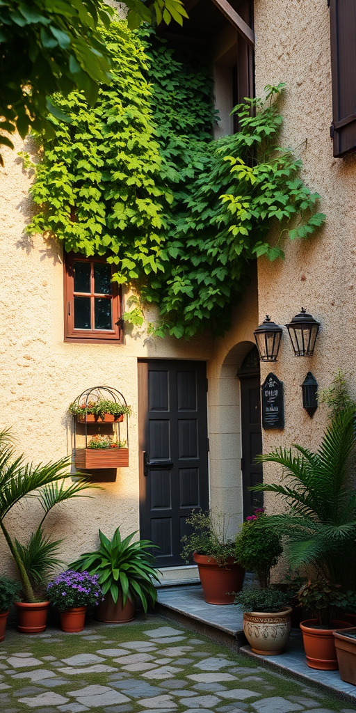 quaint village house with textured walls surrounded by lush greenery and potted plants, early morning light, 50mm lens, aperture f/2.8, ISO 100, shot at eye level with a full-frame DSLR to enhance image quality