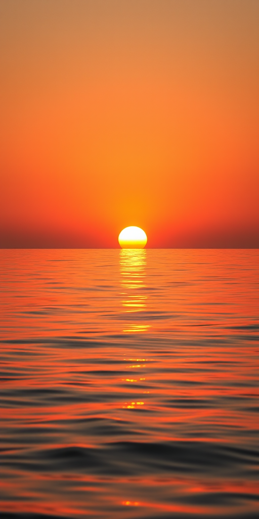 sunset over calm ocean water with reflections, warm orange and red hues, Canon EOS R5, 50mm lens, f/8 aperture, ISO 100, shot at golden hour, low angle view for dramatic effect