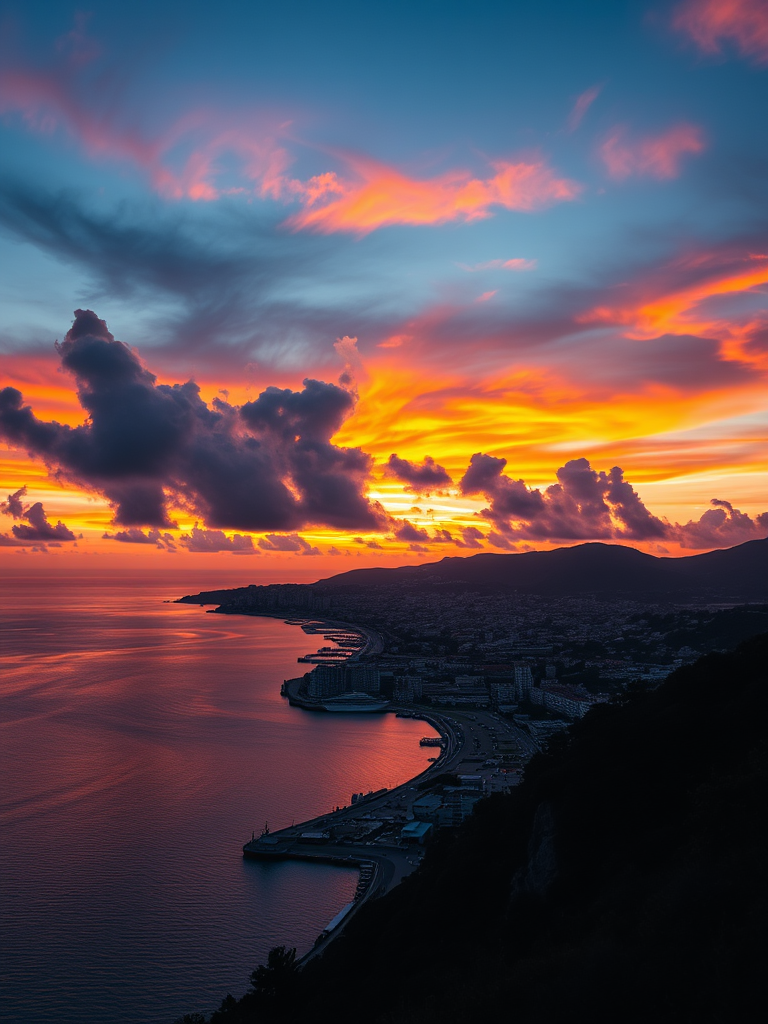 Capture a vibrant sunset over a coastal city with dramatic clouds reflecting in the water, using a Canon EOS R5 with a 24-70mm lens at f/8, ISO 200, 1/125 sec, in landscape orientation for sharp details and rich colors.
