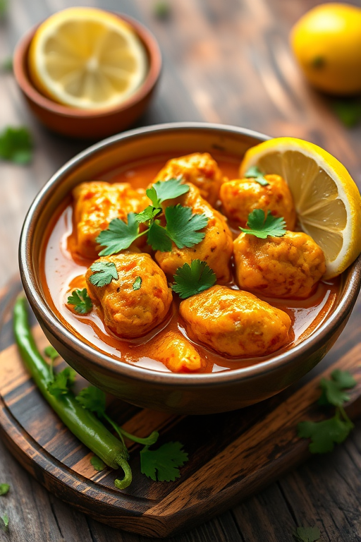 A close-up shot of a vibrant bowl of chicken curry garnished with fresh cilantro, green chilies, and lemon wedges on a rustic wooden board, with a shallow depth of field, using a Canon EOS R6, f/2.8 aperture, 50mm lens, ISO 200, natural light, with a soft focus background for enhanced detail.