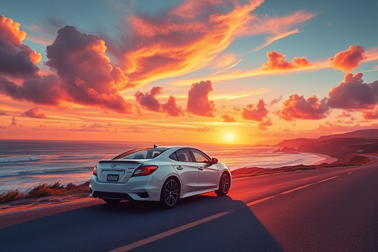 Capture a stylized illustration of a white sedan parked on a scenic coastal road at sunset with vibrant clouds and waves, using a Canon EOS R5, 24mm lens, f/8 aperture, ISO 100, and a vibrant color grading for enhanced image quality.