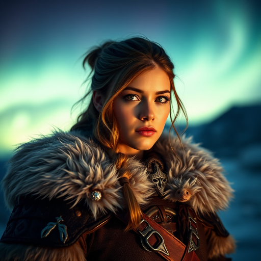 Portrait of a female warrior under the northern lights, using a full-frame DSLR camera with a 50mm lens, aperture f/1.8, ISO 100, shutter speed 1/200s, low-angle view for dramatic effect, soft evening lighting and enhanced details in her fur-lined armor.