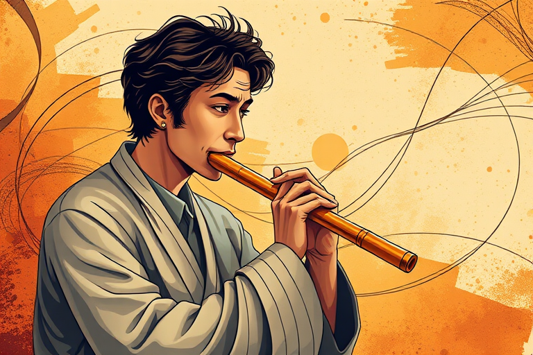 Create an artistic illustration of a musician playing a flute, highlighting intricate line work and flowing abstract patterns in the background, with an emphasis on warm earthy tones, using a high-resolution DSLR camera at f/2.8, ISO 100, with a 50mm lens, natural lighting, and a shallow depth of field for enhanced image quality.