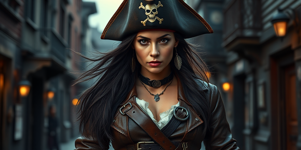 Create a portrait of a fierce female pirate. She wears a leather tricorn hat adorned with a skull and crossbones emblem, and her long, dark hair flows around her face. Her outfit consists of a richly detailed leather jacket, a corset, and multiple layers of belts and accessories, giving her a formidable and stylish appearance. She stands confidently in a dimly lit, historic port town, with a backdrop of weathered buildings and cobblestone streets, capturing the adventurous spirit of a pirate.