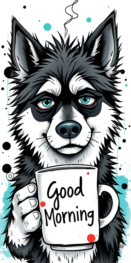 A quirky, artistic illustration of a disheveled alaskan irish setsky with exaggerated, large eyes and spiky fur, holding a coffee mug that reads "Good Morning". The dog has a tired but humorous expression, with ink splatters and abstract details surrounding it, giving a whimsical feel to the image. The color palette is mostly monochrome with hints of cyan in the eyes and steam rising from the mug, enhancing the overall sleepy vibe