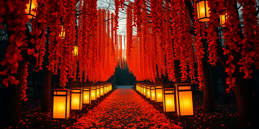 A serene pathway illuminated by glowing lanterns surrounded by vibrant orange flower petals cascading from above creating a magical and enchanting atmosphere during twilight.