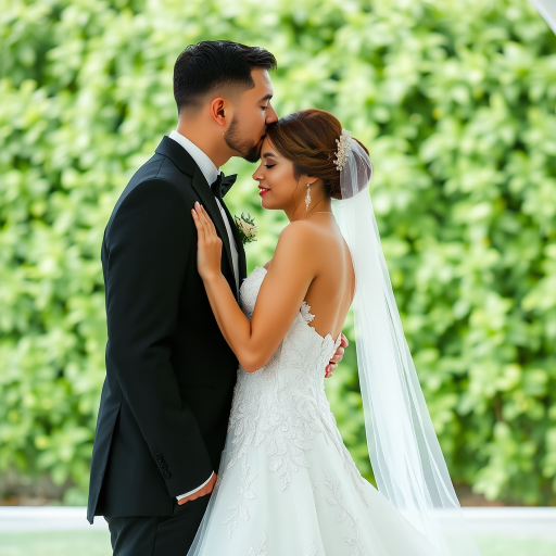 A romantic wedding scene featuring a stylish couple sharing an intimate moment with the groom kissing the bride on the forehead the bride in an elegant white gown adorned with intricate details wearing a delicate veil and sparkling earrings the groom in a classic black tuxedo with lush greenery in the background creating a beautiful atmosphere