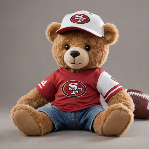 A cute and fluffy teddy bear dressed in a San Francisco 49ers-themed outfit, wearing a red cap with the 49ers logo, aviator sunglasses, and a white football jersey with red accents. The bear is also wearing casual jeans and red and white sneakers, while sitting in a relaxed pose with a football beside it. The teddy bear has a cool, laid-back attitude, with a sporty vibe. The background is clean and minimal, highlighting the bear as the main focus.