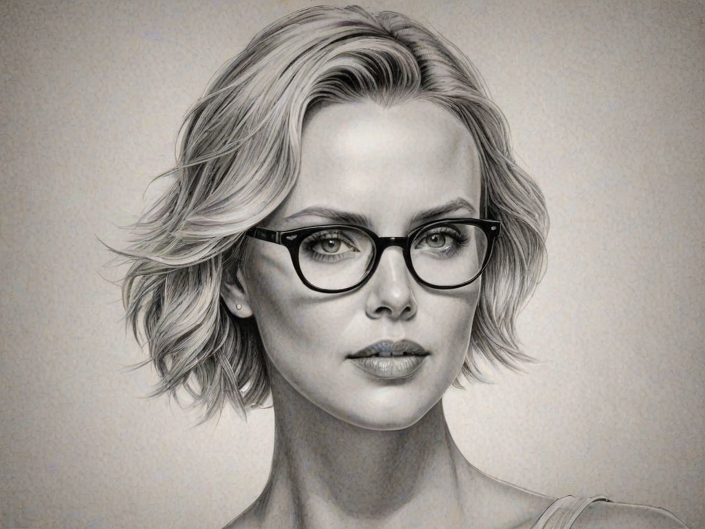 Delightful Charlize Theron, pencil sketch, portrait of Enchanting woman 1932s in glasses, hair style beatnik, outline, clear lines, fine lines, 8k