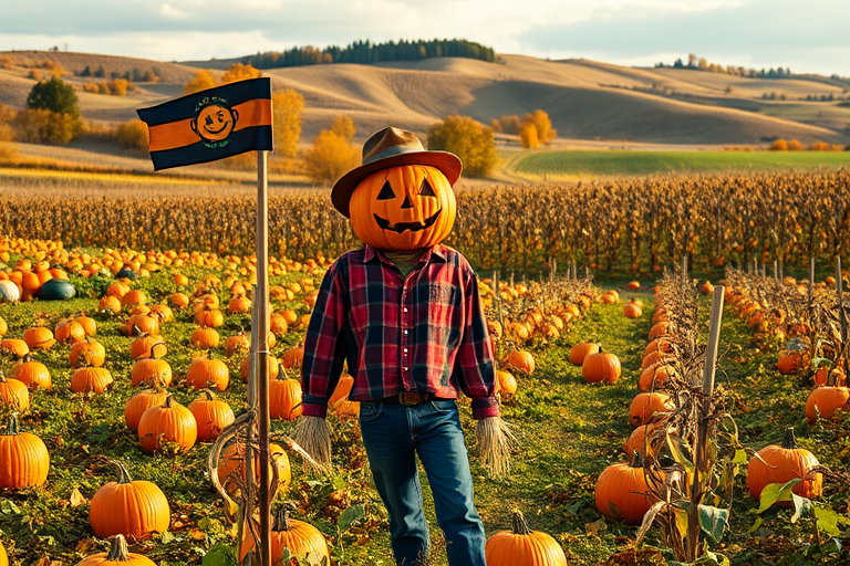 Capture a vibrant autumn scene featuring a scarecrow with a pumpkin head standing amidst a field of pumpkins and corn, with rolling hills in the background, using a Canon EOS R5 with a 24-70mm f/2.8 lens at f/5.6, ISO 100, shutter speed 1/250s, shot from eye level to highlight depth and detail.